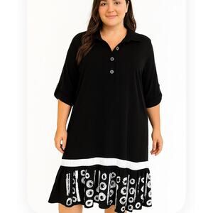 Izabella dress new Black midi 1/4 button up SZ 2XL half sleeve stretch Polyester
